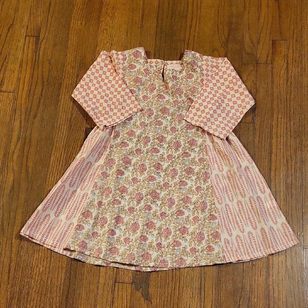 Pink Chicken Pink and Green Pleated Ruffled Long Sleeve Dress